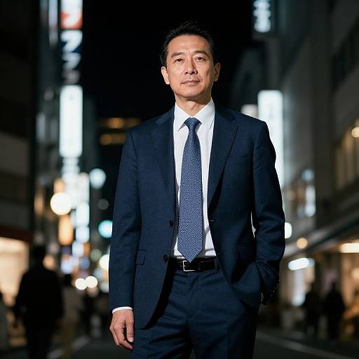 Photograph of a middle-aged Asian man in a dark suit, white shirt, and blue polka-dot tie, walking confidently down a brightly lit,