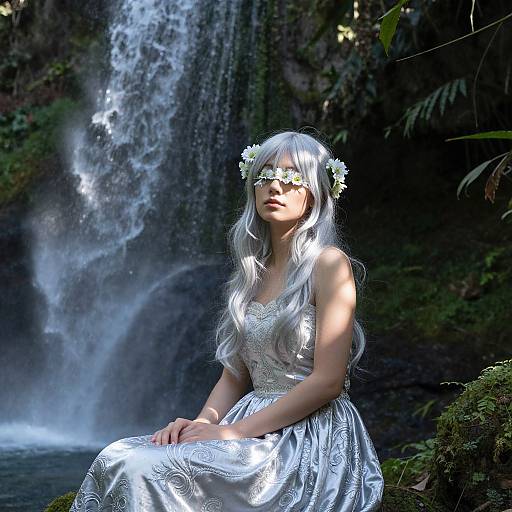 Photorealistic CGI of a silver-haired woman with flower crown, wearing an ornate silver dress, sitting by a cascading waterfall in a lush,