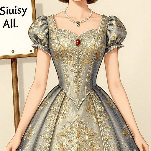 Digital illustration of a woman in an ornate, silver-gray, puffed-sleeve, floral-embroidered ball gown with a red gem