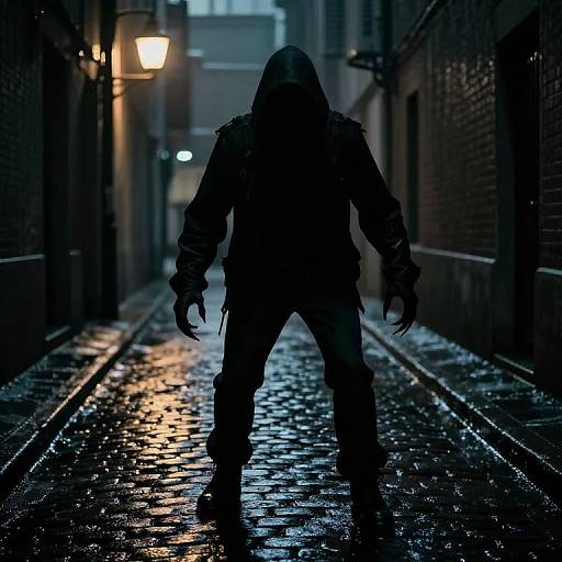 Silhouetted figure with hooded jacket and clawed hands stands on wet, cobblestone alley at night, illuminated by dim street lamps.