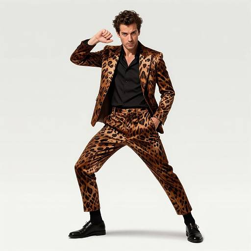 Photograph of a confident man in a leopard-print suit, black shirt, and black shoes, striking a powerful boxing stance against a white background.