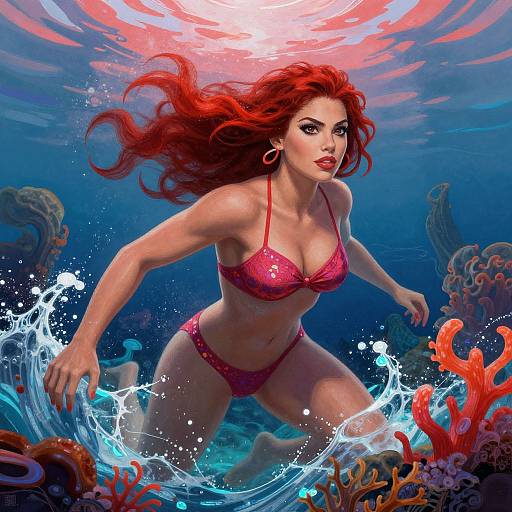 Digital artwork of a red-haired woman in a pink bikini, swimming underwater with vibrant corals and splashing water around her.