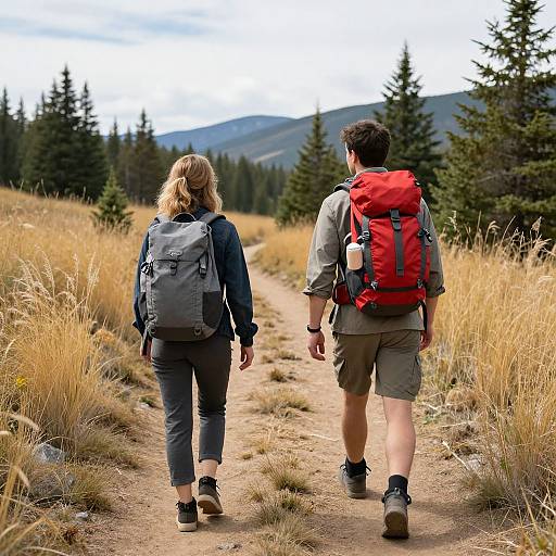Photograph of a blonde woman and a dark-haired man with backpacks walking on a dirt path through golden grass and pine trees towards mountains under a cloudy