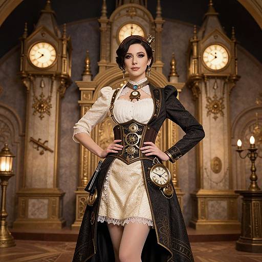 Steampunk woman in cream dress and black corset, adorned with clock details, stands confidently in ornate, clock-filled, golden room.