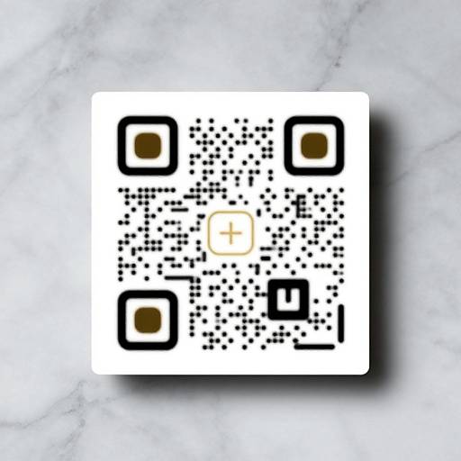 QR code with black dots and four brown squares on a white background, set against a marbled blue-gray backdrop.
