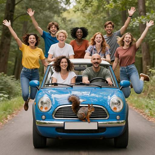 Group of Friends Riding Blue Car in Forest with Squirrel