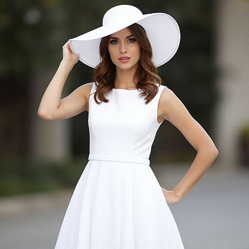 Photograph of a fair-skinned woman with wavy brown hair, wearing a sleeveless white dress and wide-brimmed white hat, standing outdoors