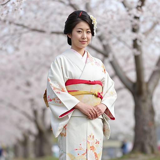 Photograph of a smiling Japanese woman in a white kimono with red and yellow obi, black hair in an updo, standing in front of