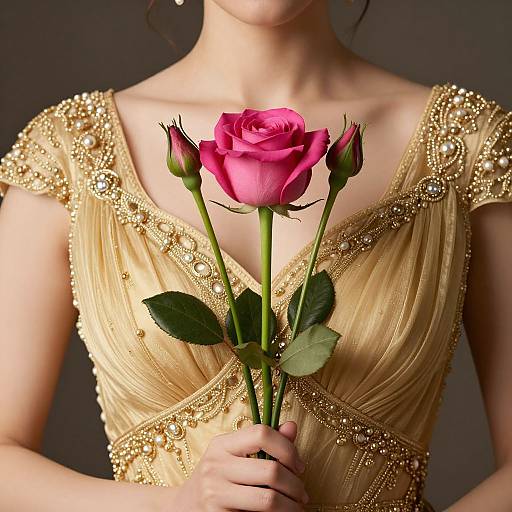 Photograph of a woman in a gold, beaded, V-neck dress holding a single pink rose against a dark background.