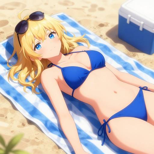 Blonde Anime Girl on Beach Towel