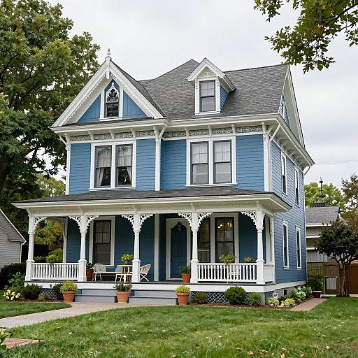 Photograph of a charming, two-story Victorian house with blue siding, white trim, intricate porch details, and a lush green lawn.