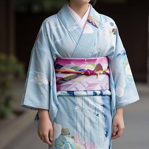 Photograph of an Asian woman in a light blue floral kimono with a pink and purple obi, standing outdoors, face partially obscured.