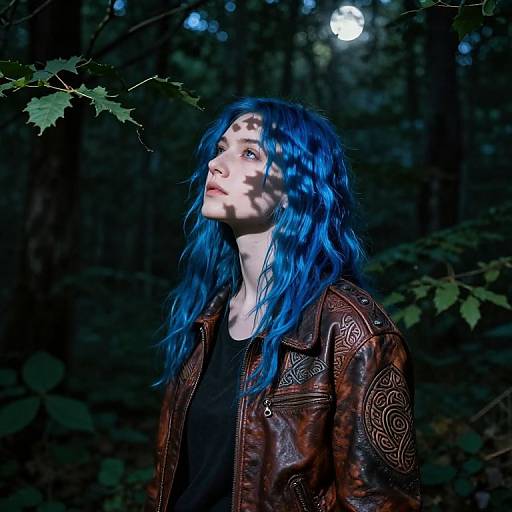 Photograph of a pale-skinned woman with vibrant blue hair, wearing a brown leather jacket with intricate patterns, standing in a dark, moonlit forest