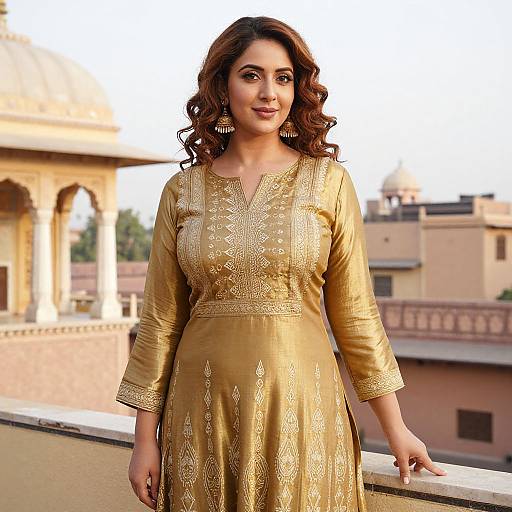 Photograph of a curvy South Asian woman with wavy brown hair, wearing a gold embroidered traditional kurti, standing on a rooftop with historic