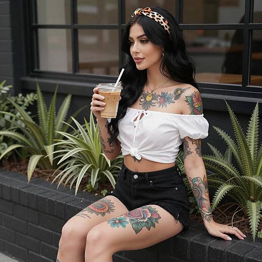 Tattooed Woman with Iced Coffee