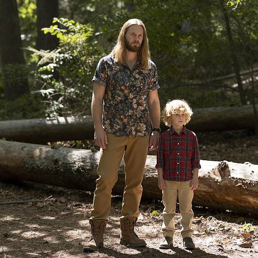 Man and Boy Standing in Forest