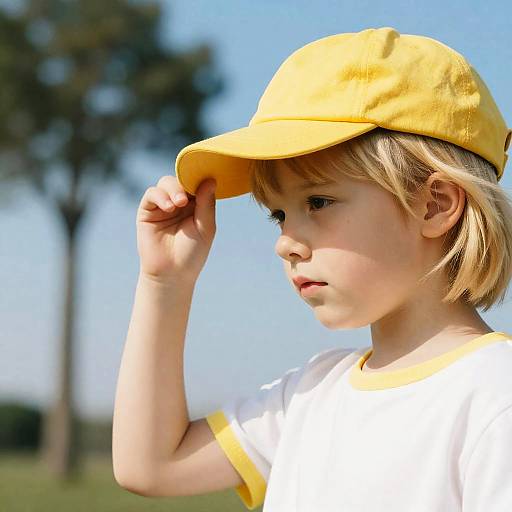 Blonde Child in Yellow Cap Outdoors