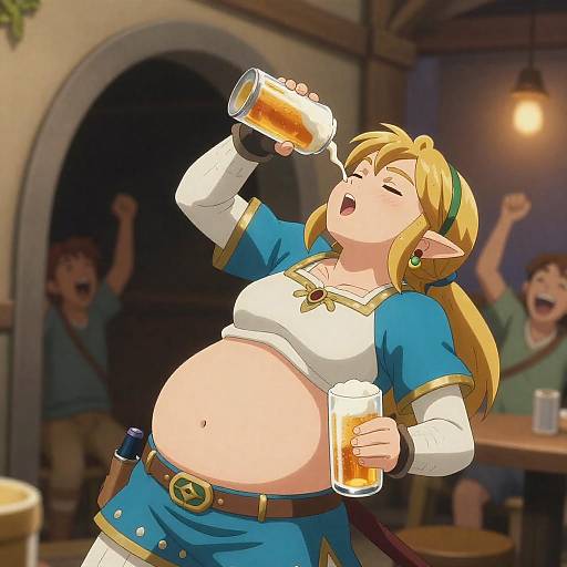 Anime Elf Woman Drinking Beer at Tavern