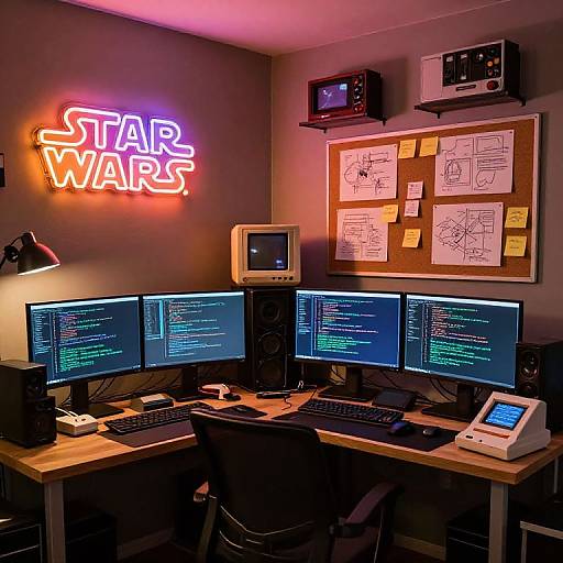 Photograph of a dimly lit, tech-themed home office with three monitors displaying code, a neon 