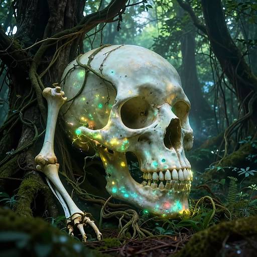 Photograph of a glowing, skeletal human skull adorned with colorful Christmas lights, leaning against a forest tree, surrounded by dense greenery and moss.