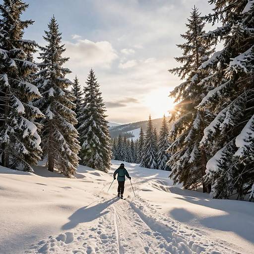 Photograph of a lone cross-country skier in a snow-covered forest, surrounded by snow-laden evergreen trees, with sunlight shining through the trees