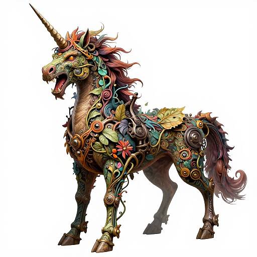 Colorful, intricately detailed unicorn with ornate, floral, and spiral patterns covering its body, standing on a white background. Digital art style.