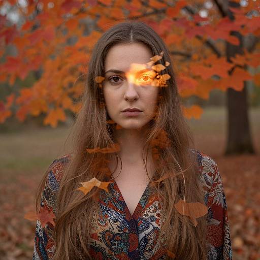 Photograph of a young woman with long brown hair, wearing a colorful patterned shirt, standing in an autumn forest with vibrant orange leaves, one leaf