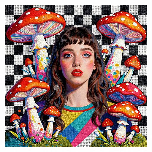Digital pop art portrait of a fair-skinned woman with red lips, blue eyes, and brown hair, surrounded by colorful, oversized red and white mushrooms