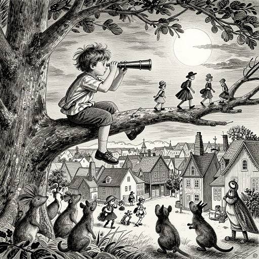 Black-and-white illustration of a child on a tree branch, using binoculars, with animals below and village houses in the background.