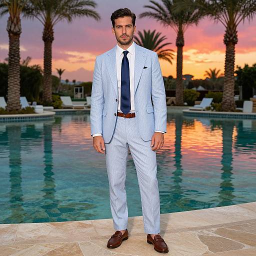 Photograph of a handsome, bearded man in a light blue pinstripe suit, navy tie, and brown loafers, standing by a luxurious