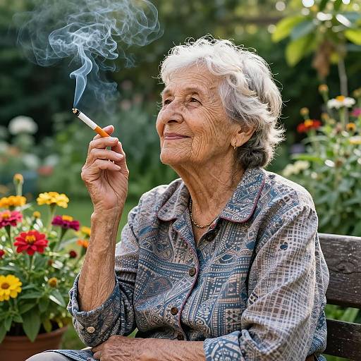 Joyful Granny Smoking in Vibrant Garden