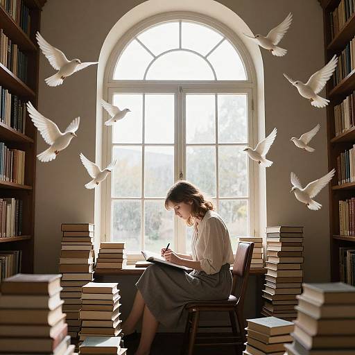 Photograph of a curly-haired woman in white blouse and gray skirt, writing at a sunlit window, surrounded by flying white doves and stacks of