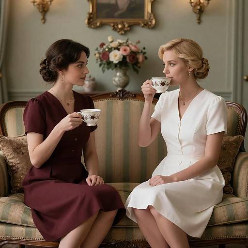 Two Women Enjoying Tea in Vintage Room