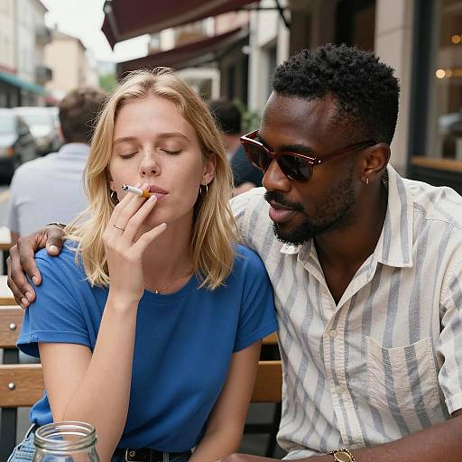 Couple at Outdoor Café with Woman Smoking