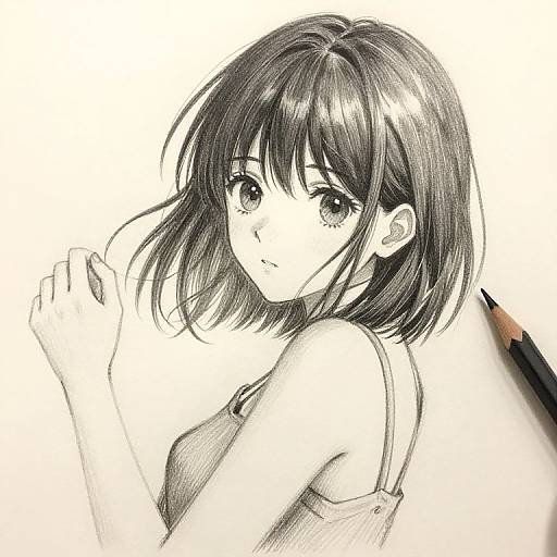 Monochrome digital anime drawing of a shy, short-haired girl with large eyes, wearing a tank top, holding her hair, and a pencil behind her