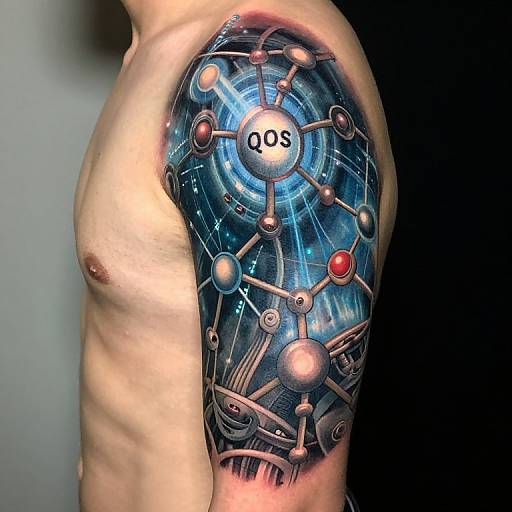 Photograph of a muscular, shirtless man with a detailed, colorful tattoo of a molecular structure on his upper arm, featuring blue light, red and