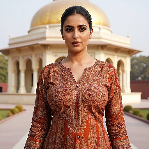 Photograph of a South Asian woman in a traditional red and gold patterned kameez, standing in front of a golden-domed architectural building,