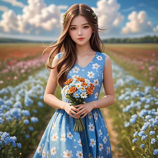 Young Woman in Blue Floral Dress Holding Bouquet in Flower Field