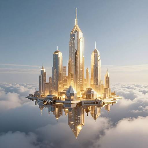 Photorealistic CGI of a futuristic, golden-lit skyscraper city floating above a sea of clouds, reflecting in a mirror-like surface, under a