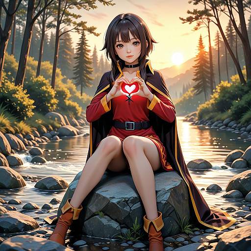 Anime-style drawing of a cute, dark-haired girl in a red dress and black cape, sitting on a rock by a forest stream, holding a glowing