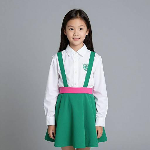Photograph of an Asian girl with long black hair, wearing a white long-sleeve shirt, green skirt with pink waistband, and green suspend
