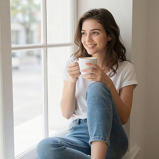 Photograph of a smiling woman with long brown hair, wearing a white t-shirt and blue jeans, sitting by a sunlit window, holding a white