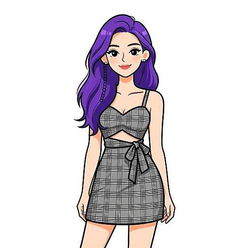 Digital drawing of a smiling woman with long purple hair, wearing a black-and-white plaid crop top and matching skirt, standing against a white background.