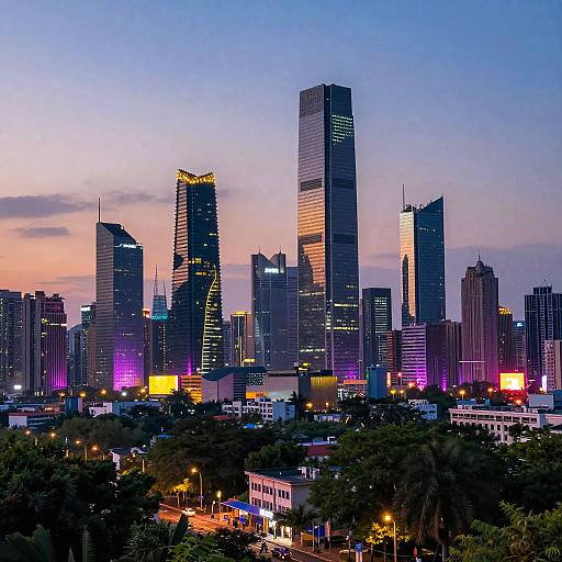 Photograph of a vibrant city skyline at dusk, featuring tall skyscrapers with illuminated windows, colorful neon lights, and a mix of modern and reflective
