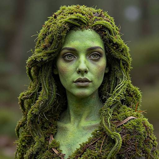 Photograph of a woman with green skin and moss-covered hair, standing in a forest, with intense green eyes and a solemn expression.