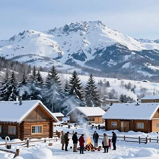 Photograph of a snowy mountain village with log cabins, people standing around a campfire, steam rising, snow-covered evergreen trees, and rugged,