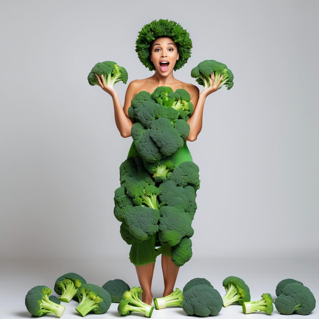 Playful Woman Dressed in Broccoli