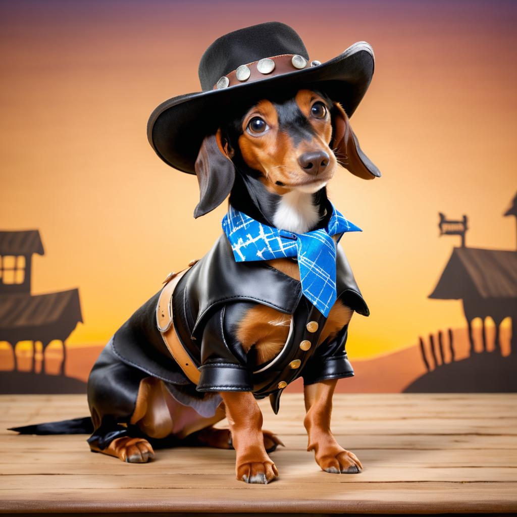 Dachshund Cowboy in Wild West Scene