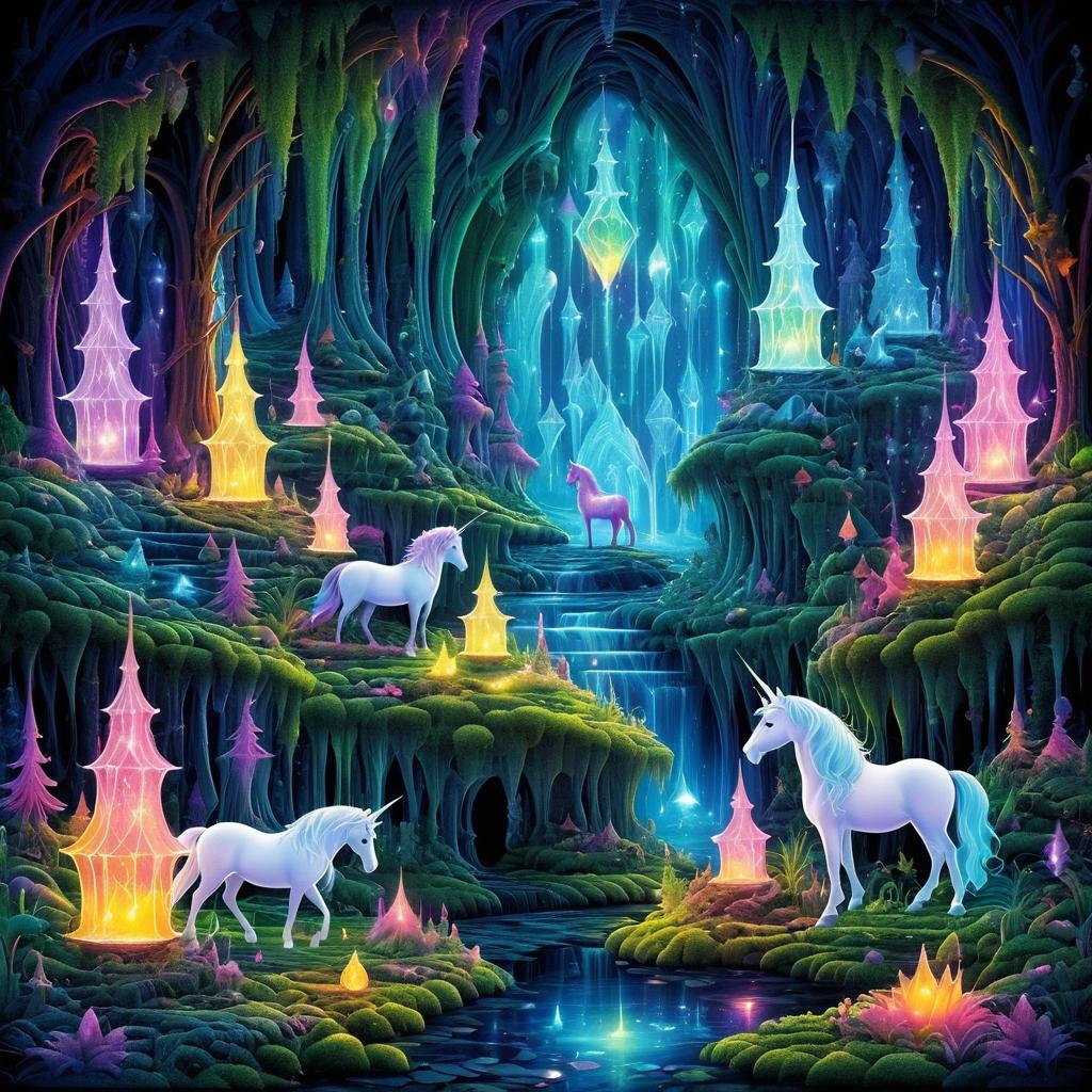 Enchanted Unicorns in a Crystal Cave