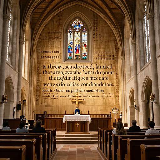 Photograph of a dimly lit Gothic-style church with a preacher at the altar, surrounded by seated worshippers, stained glass window, and text on